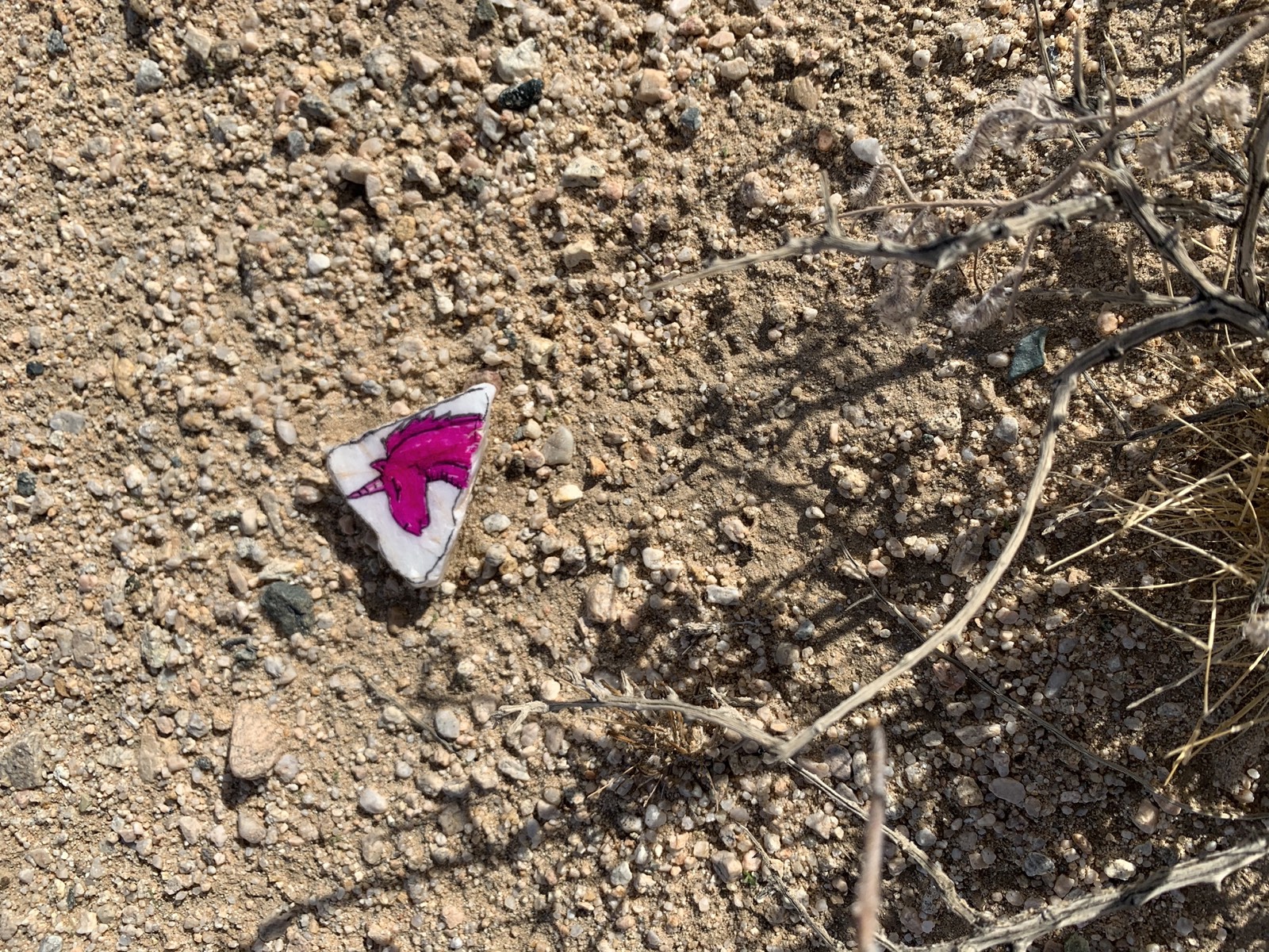 A shard of white china with a hand-drawn pink unicorn, lying in desert gravel beside a dry creosote branch